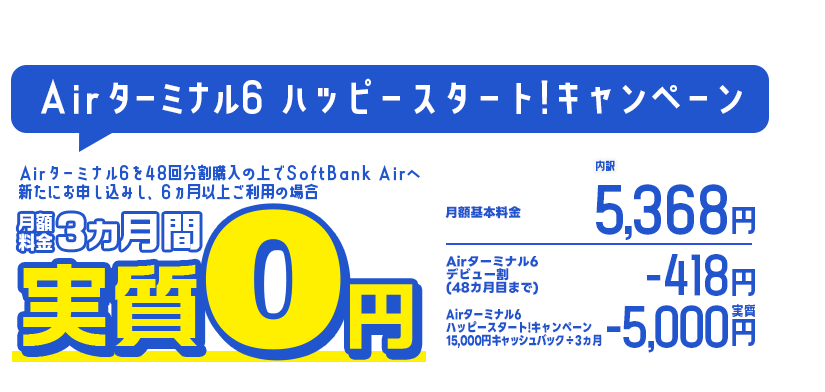 SoftBank Airを新たにお申し込みいただいたお客さまで、Airターミナル5をご購入でご利用の場合、割引いたします。