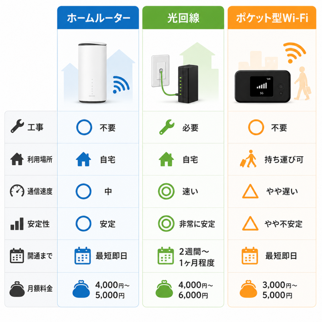 ホームルーターおすすめ光回線ポケットWi-Fiとの比較表